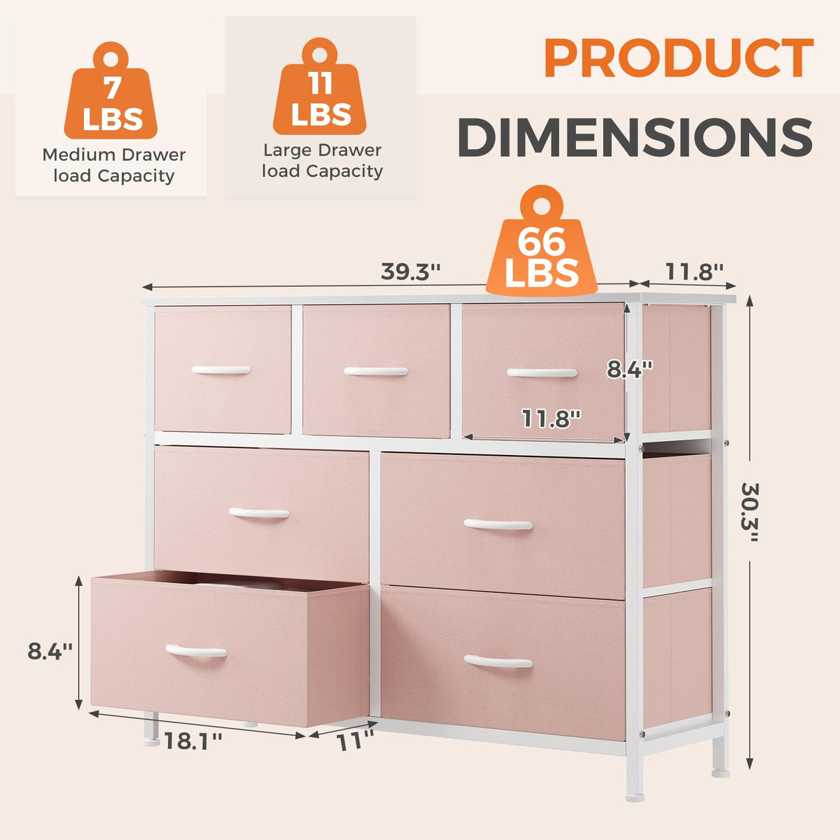Sweetcrispy 7 Drawer Dresser for Bedroom Storage with Fabric Bins, Pink