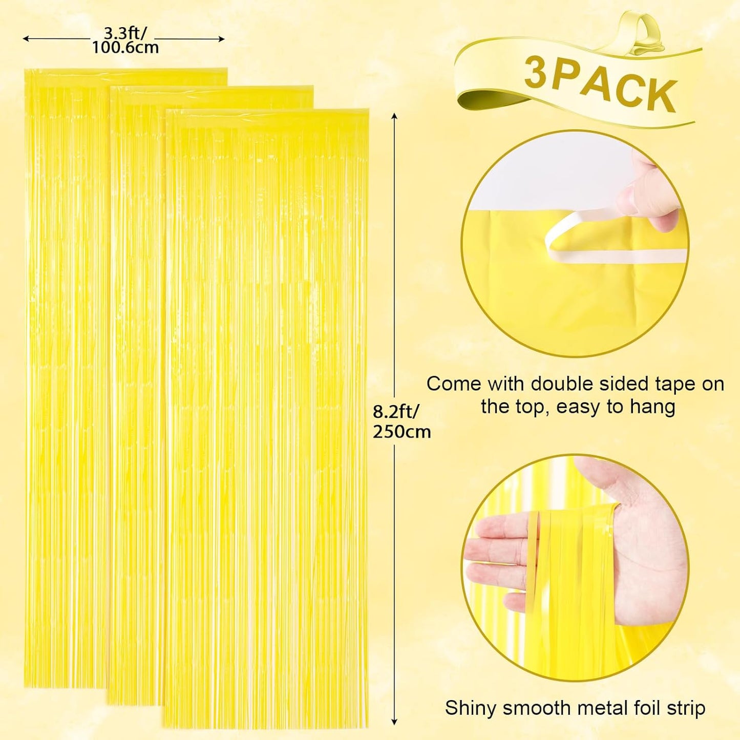 3 Pack 3.3 x 8.2 ft Pastel Yellow Foil Fringe Backdrop Curtains, Tinsel Streamers Birthday Party