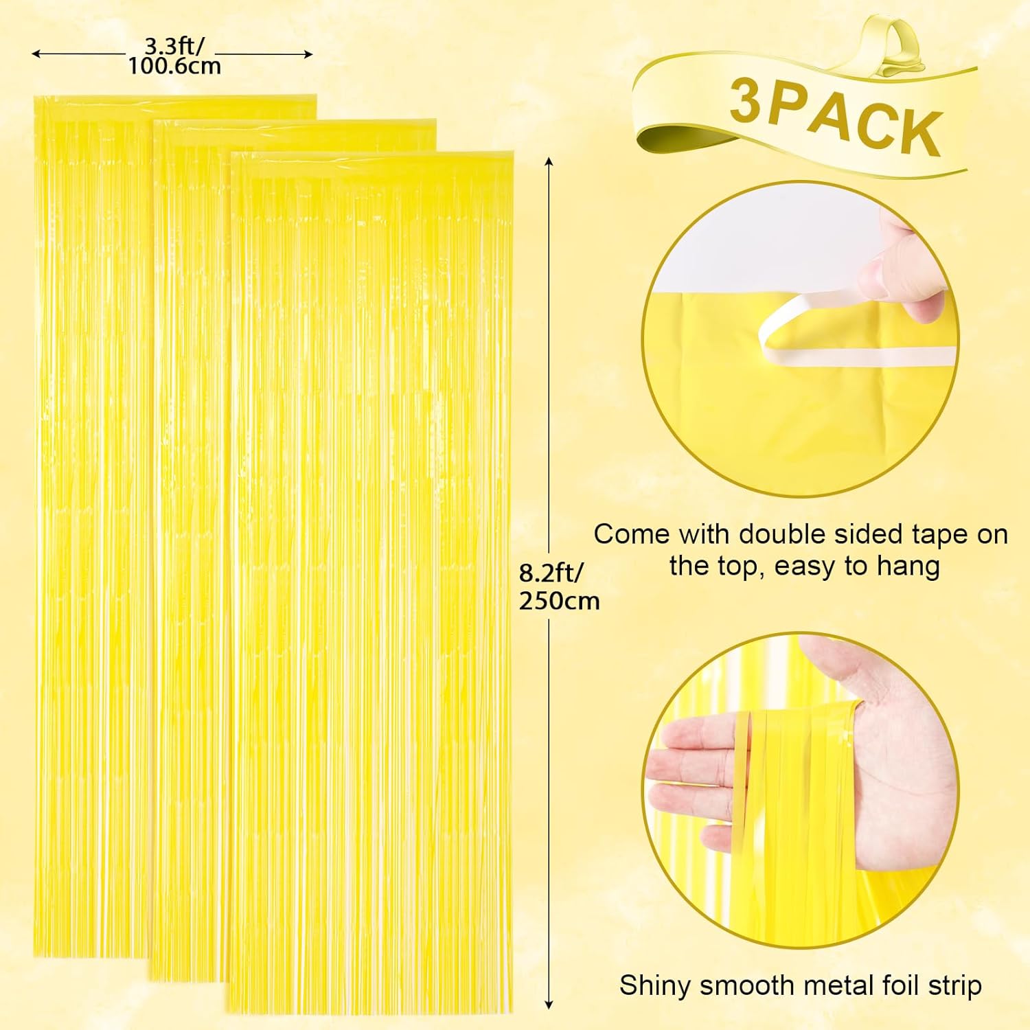 3 Pack 3.3 x 8.2 ft Pastel Yellow Foil Fringe Backdrop Curtains, Tinsel Streamers Birthday Party
