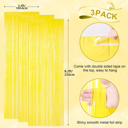 3 Pack 3.3 x 8.2 ft Pastel Yellow Foil Fringe Backdrop Curtains, Tinsel Streamers Birthday Party
