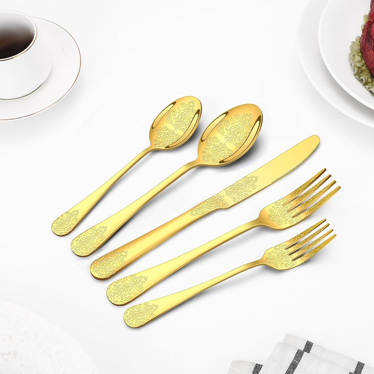 40 Pcs Gold Silverware Set for 8 with Classical Flower Embossed Design, Food Grade Stainless Steel