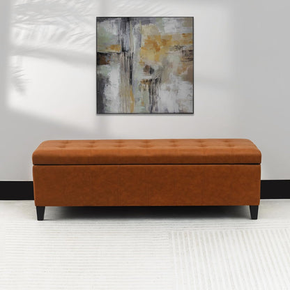 Joveco 51 Inch Storage Ottoman Bench,Tufted Leather Storage Bench for Bedroom (51”,Dark Orange)