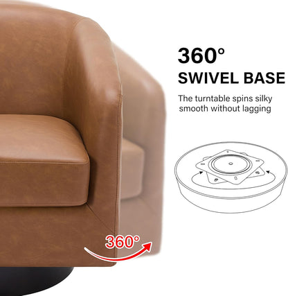 Swivel Barrel Accent Chair, Modern Round Faux Leather Arm Chair for Living Room, Bedroom, Comfy