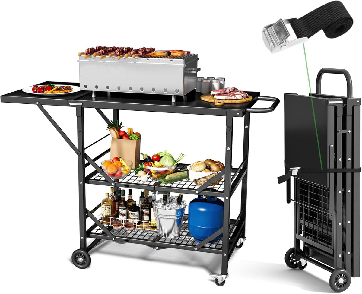 Himix Folding Grill Cart, 3 Tier Outdoor Grill Table with Side, 4 Hooks, Pizza Oven Cooking Prep