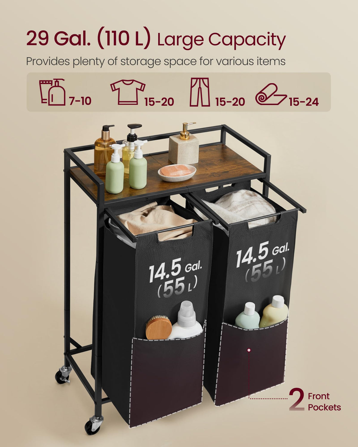 VASAGLE Laundry Sorter, 29 Gal. (110 L) Laundry Hamper Basket with 2 Compartments, Rolling Cart