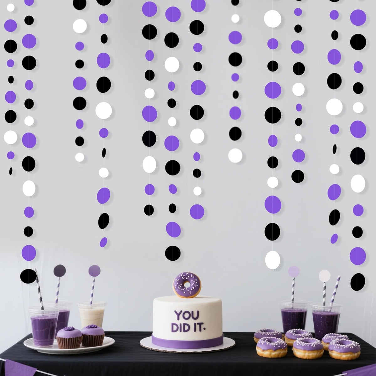 46Ft Purple Black Circle Dots Garlands Black Purple and White Polka Dot Hanging Paper Streamer