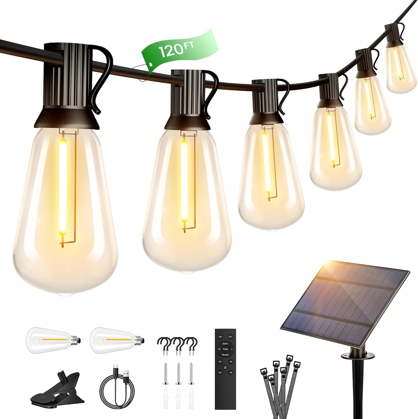 OHLUX 120FT Solar String Lights Outdoor with Remote, 2200K Soft Warm Patio Lights with 52