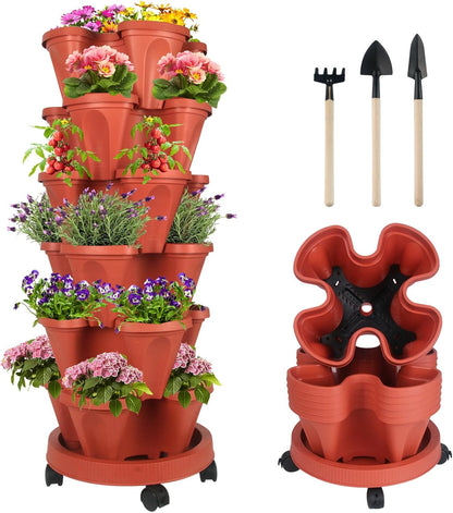 DUNCHATY Stackable Planters 6 Tier Vertical Garden Planting Tower Planters Strawberry, Herb