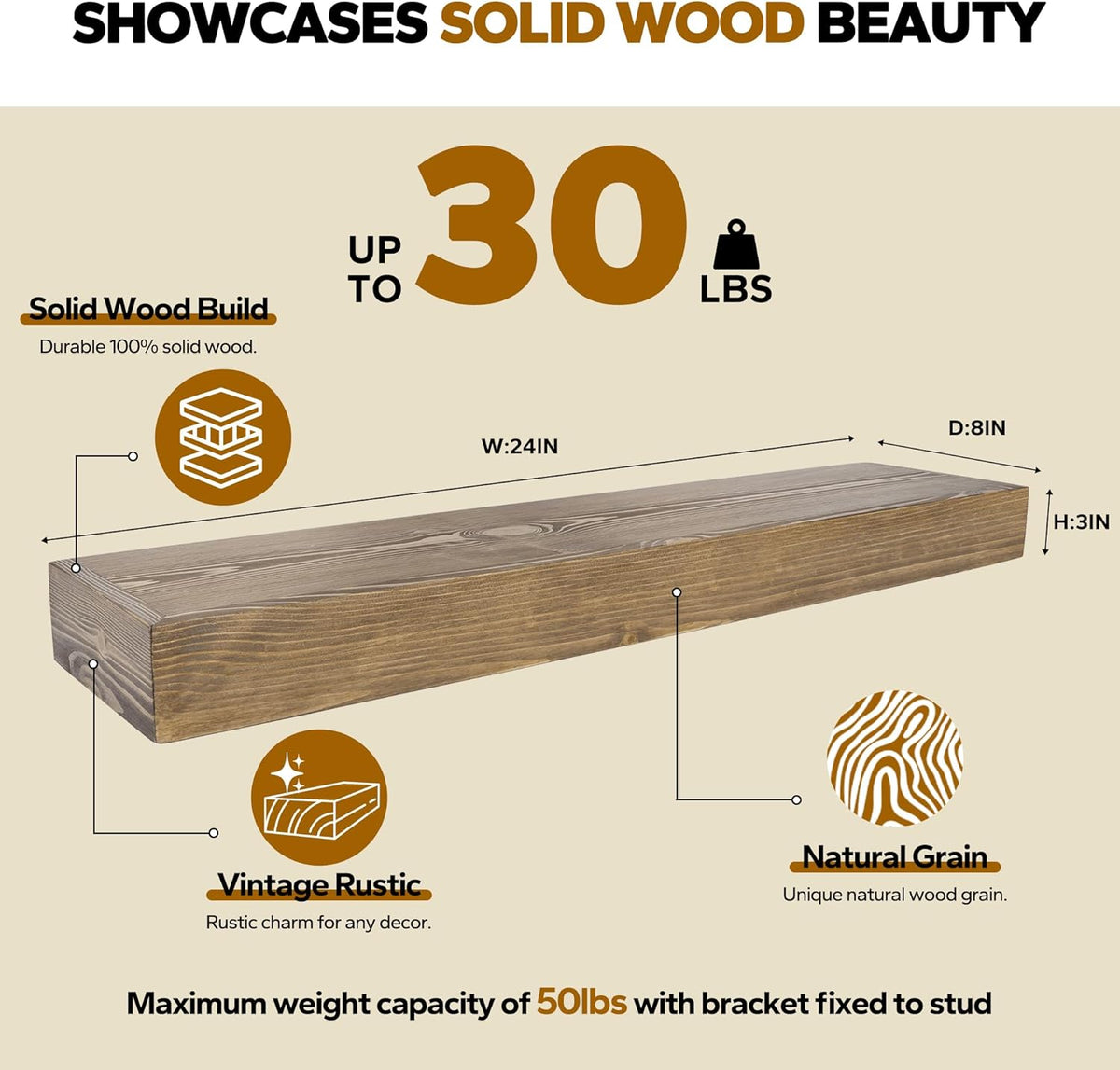 Floating Shelves 24 inch for Wall Set of 2,3 inch Thick Pine Wood Wall Mount Shelf for Kitchen