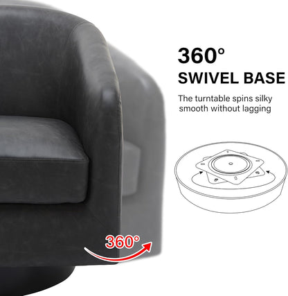Swivel Barrel Accent Chair, Modern Round Faux Leather Arm Chair for Living Room, Bedroom, Comfy