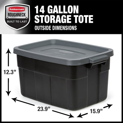 Rubbermaid Roughneck Tote 14 Gal, 6 Pack, Made in USA, Black & Gray, Rugged Plastic Stackable