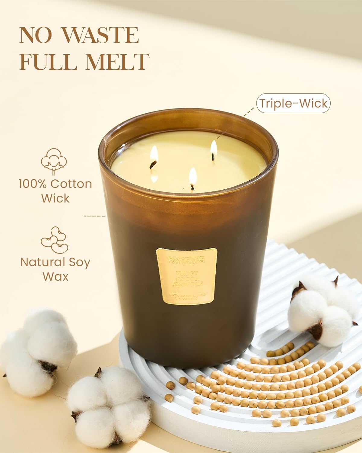 M&SENSE Fudgy Cocoa Brownie Scented Candle 35oz 150H Burn Time Long Lasting, 3-Wick Natural