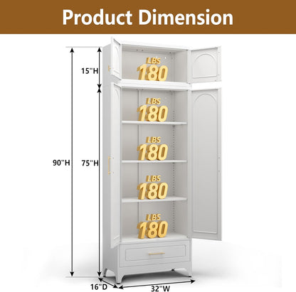 Kitchen Cabinet, 90" Tall Metal Pantry Cabinet, Freestanding Cupboards with One Drawer, Food