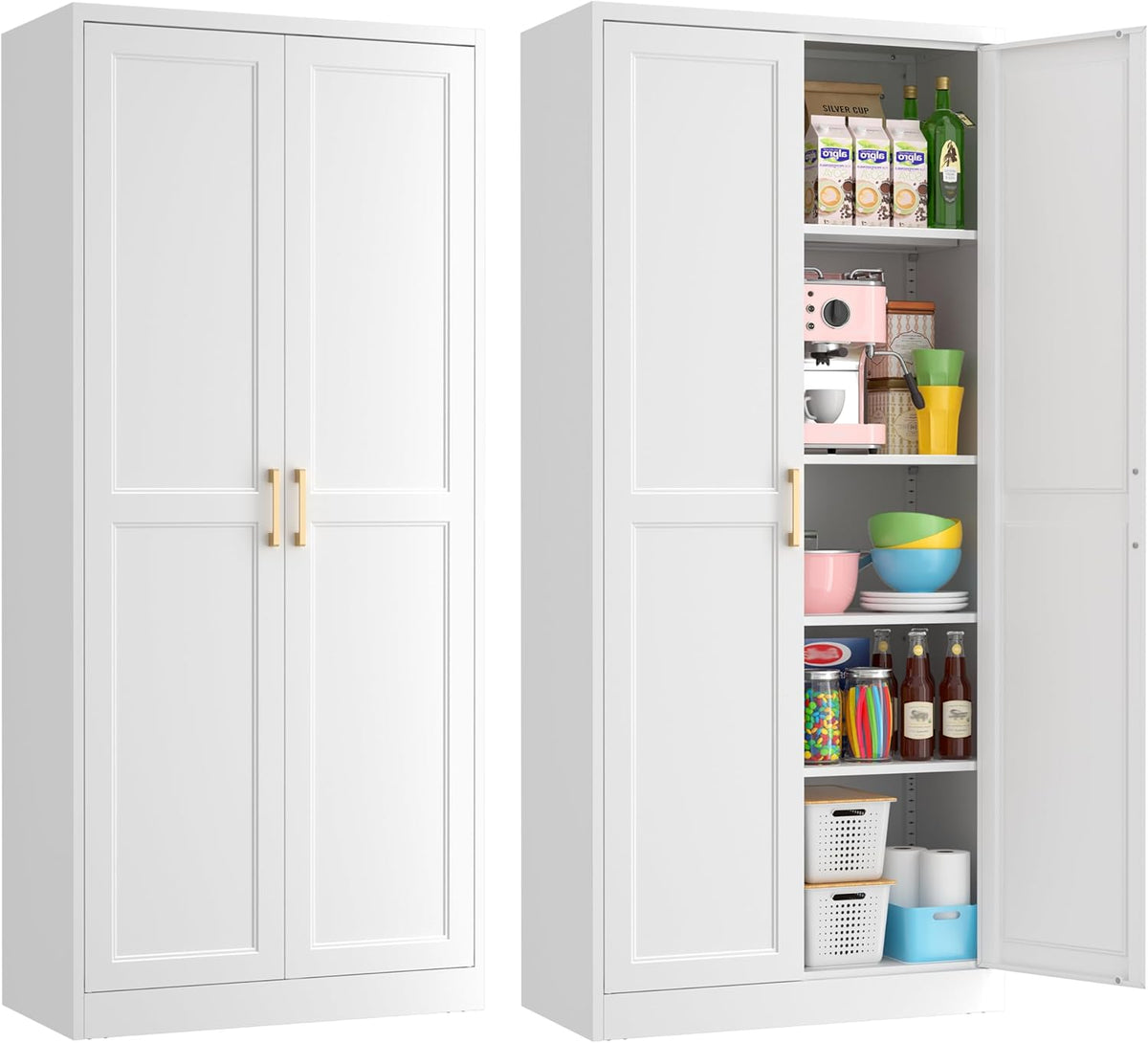 71" Tall Metal Pantry Cabinet, White Kitchen Pantry Storage Cabinet with 4 Adjustable Shelves and