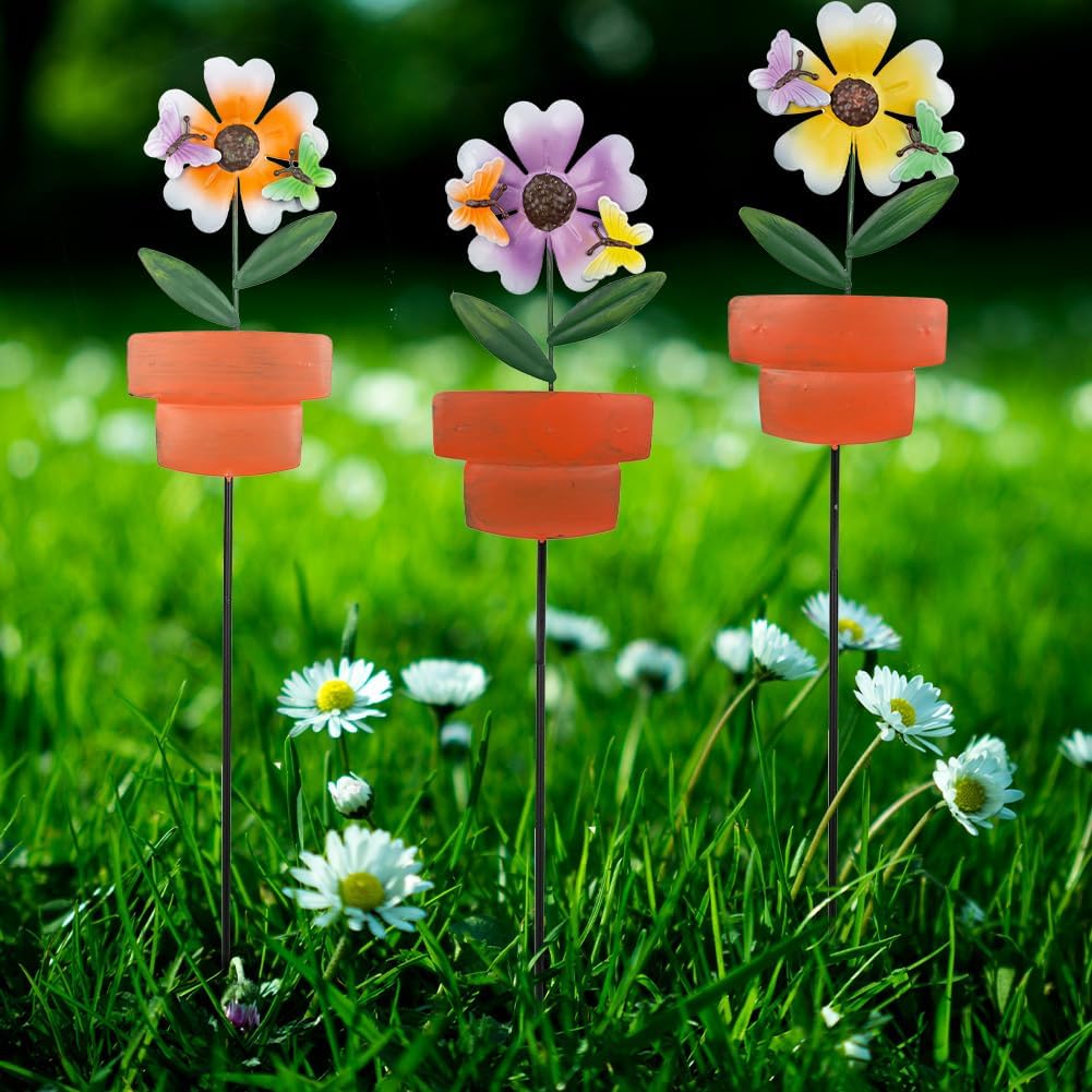 Metal Garden Stakes Decor,3 Pack Flowers Pot Decorative Garden Stakes, Waterproof Spring Outdoor