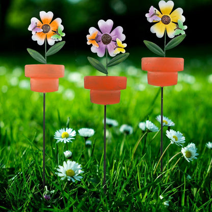 Metal Garden Stakes Decor,3 Pack Flowers Pot Decorative Garden Stakes, Waterproof Spring Outdoor