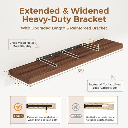 Floating Shelves 55 Inch Long, 12 Inch Deep Floating Shelves for Wall, Rustic Deep Wall Shelf for
