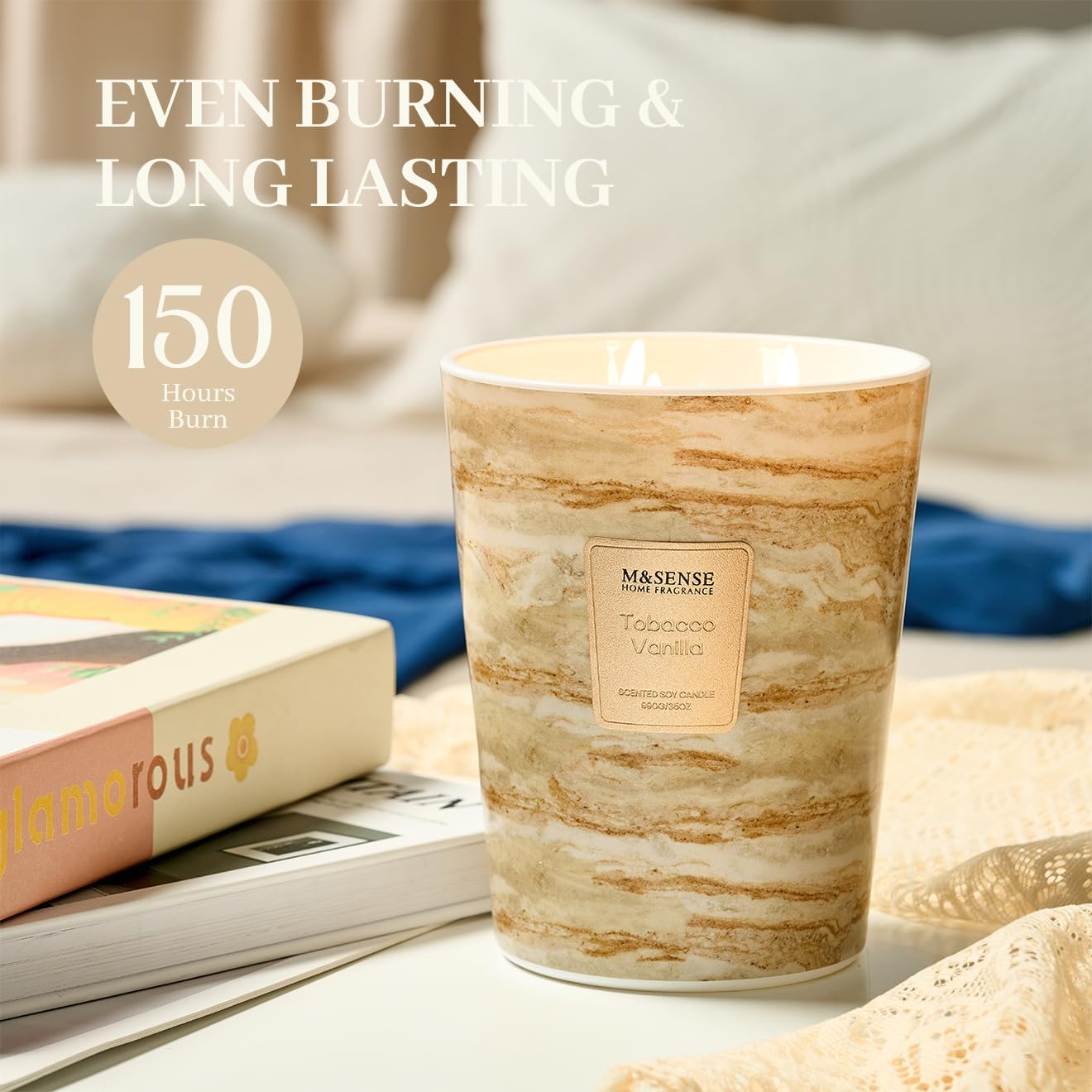 M&SENSE TobaccoVanilla Scented Candles for Home, 3-Wick Highly Scented Jar Candles, Extra Large