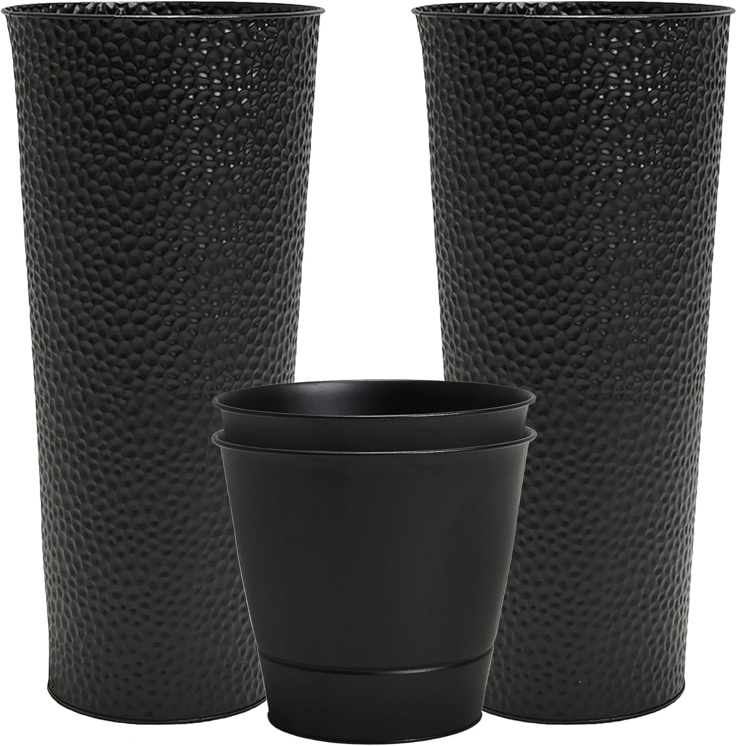 Worth Garden 2-Pack 28" H. Metal Planter with 2X Inside Pots - Hand-Hammered Texture Tall Narrow