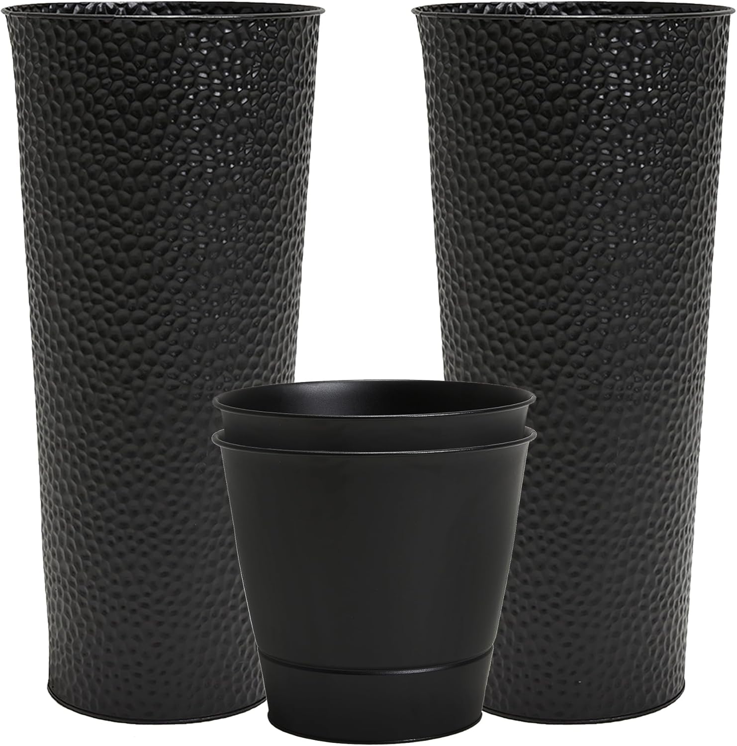 Worth Garden 2-Pack 28" H. Metal Planter with 2X Inside Pots - Hand-Hammered Texture Tall Narrow