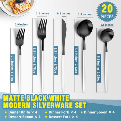 Matte Black White Silverware Set for 4,Modern Stainless Steel Brushed Cutlery Set,20-Pieces Heavy