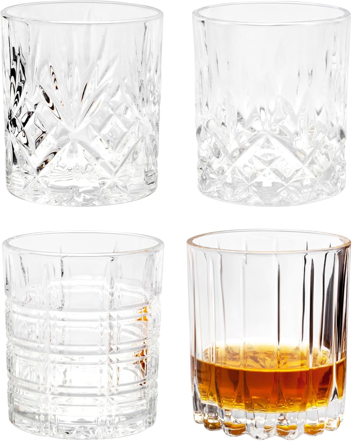 KANARS Whiskey Glasses Set of 4 - Multi Style Crystal Liquor Glasses 10 oz - Rocks Glass Barware