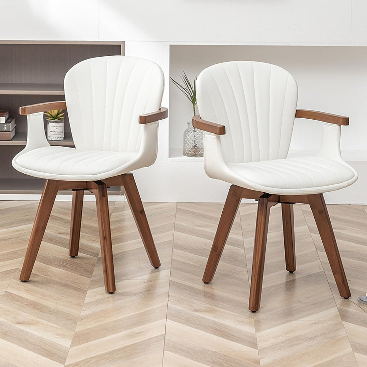 LUNLING Swivel Dining Chairs Set of 4, Mid Century Modern White Faux Leather Kitchen Chairs with