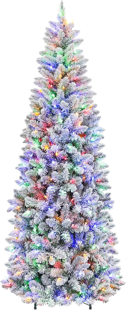 Hykolity 6 ft Prelit Snow Flocked Pencil Slim Christmas Tree, 544 PVC Branch Tips, 200 Color