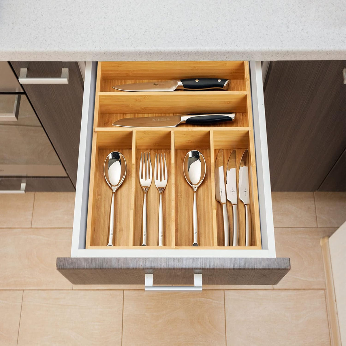 Umilife Kitchen Drawer Organizer, 12 Inch Silverware Utensil Tray Holder, Extra Deep, with Non-Slip