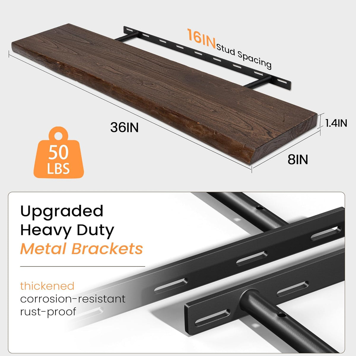 Fun Memories Solid Elm Wood Floating Shelves, 36 Inch Floating Shelves for Wall, Wall-Mounted Live