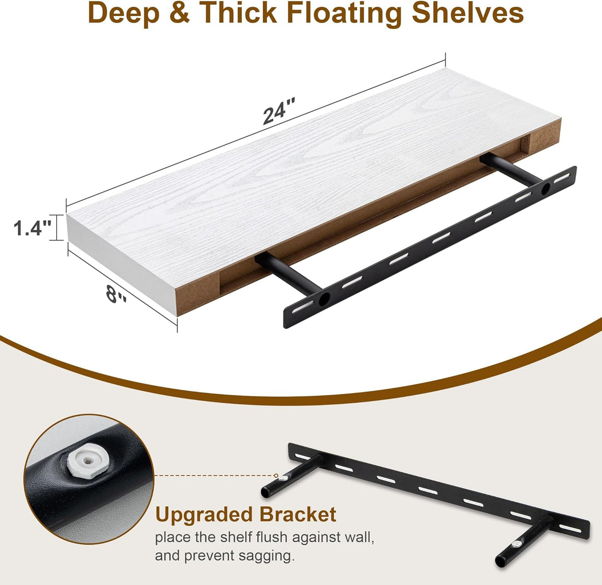Fun Memories White Floating Shelves, 8 Inch Deep Wall Shelves Set of 2, Rustic Deep Shelves for