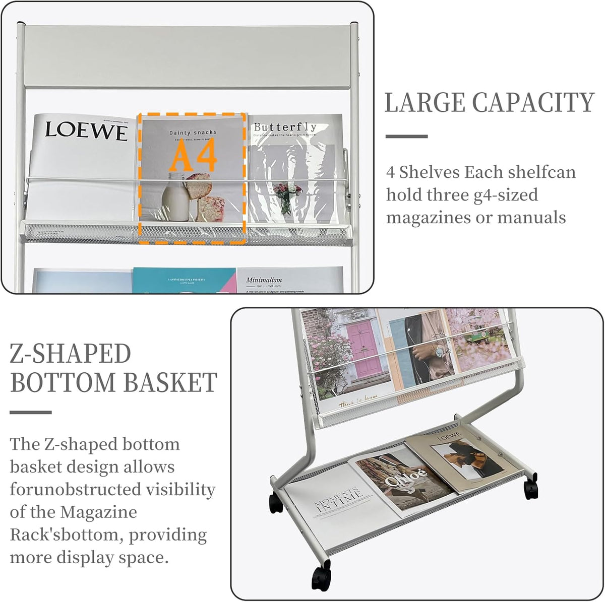 tongmo Floor-Standing Magazine Rack 4-Layer with Wheels, Brochure Display Stand, High-hardness