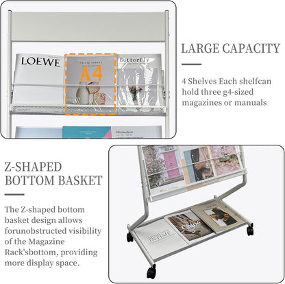 tongmo Floor-Standing Magazine Rack 4-Layer with Wheels, Brochure Display Stand, High-hardness