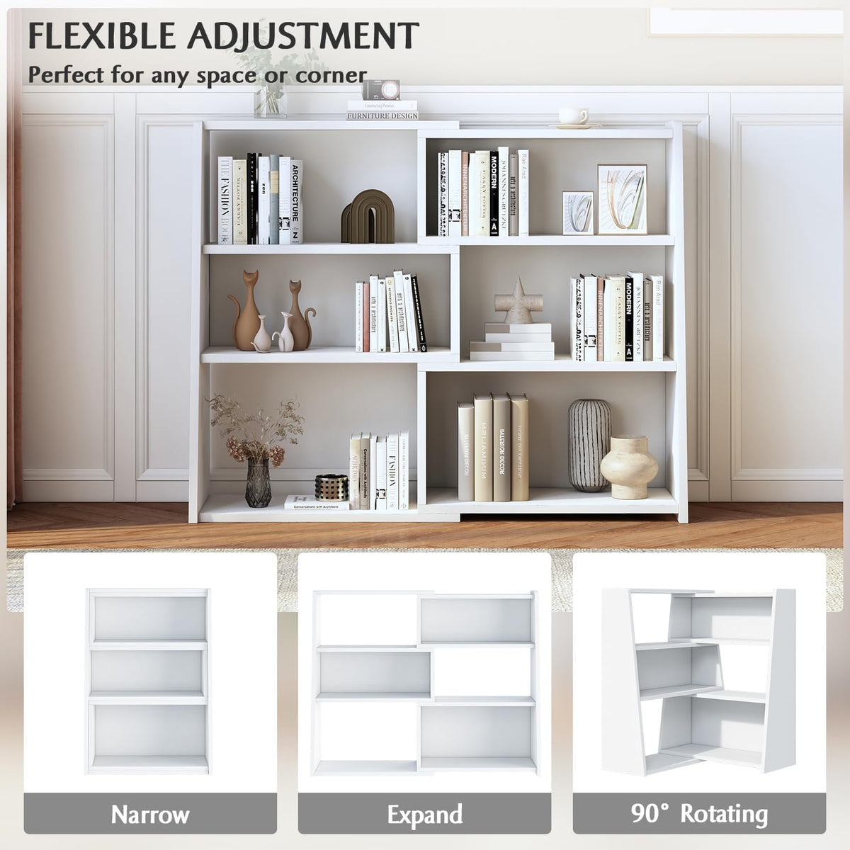 IOTXY Wooden Extendable Shelf Bookcase - 3-Tier Ladder Low Short Bookshelf for Small Space or