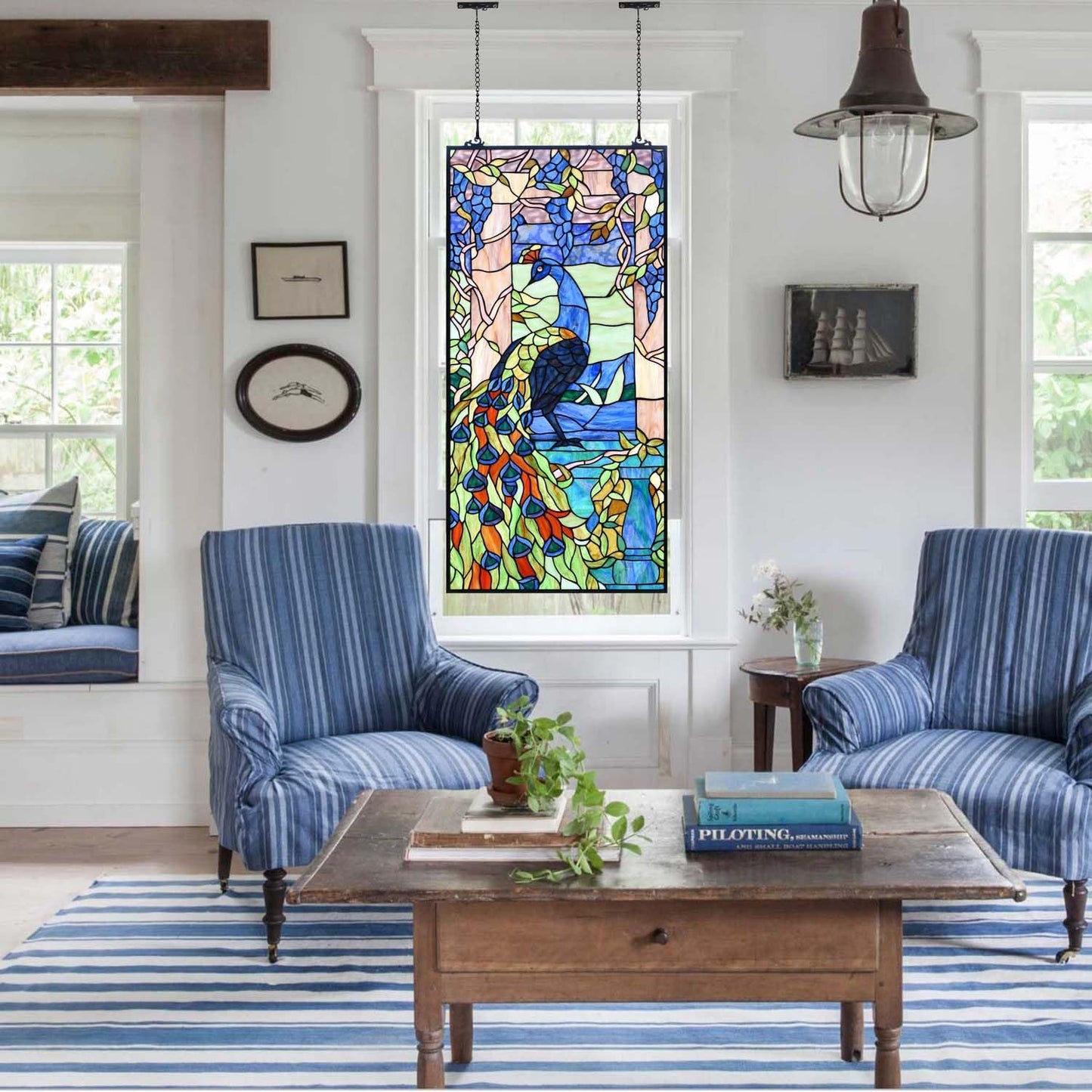 Bieye W10096 Peacock in Garden Tiffany Style Stained Glass Window Panel for Home Decor (Blue