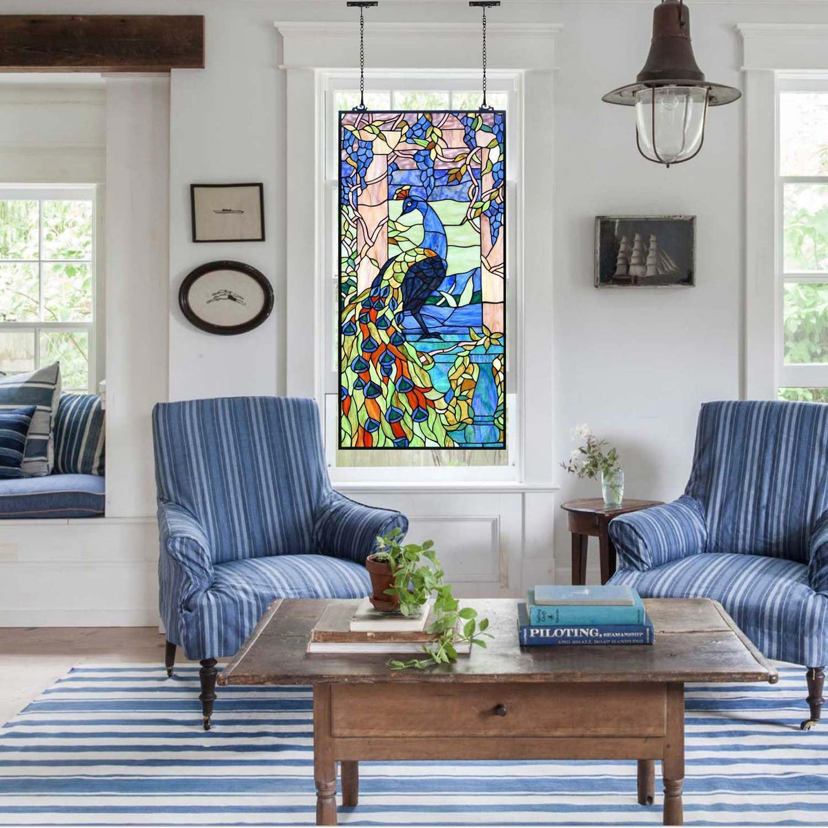 Bieye W10096 Peacock in Garden Tiffany Style Stained Glass Window Panel for Home Decor (Blue
