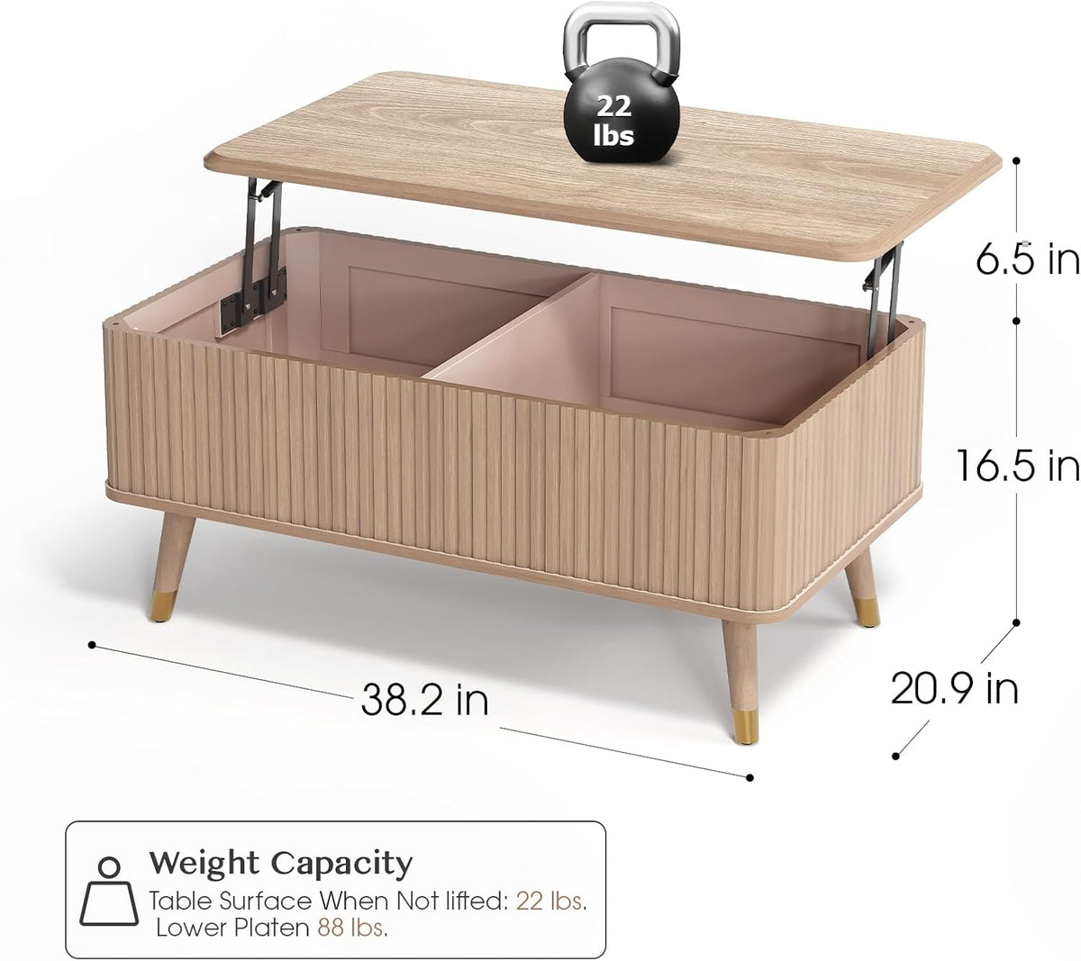Lift Top Coffee Table with Storage Shelf & Hidden Compartment, Mid Century Modern Fluted Rectangle