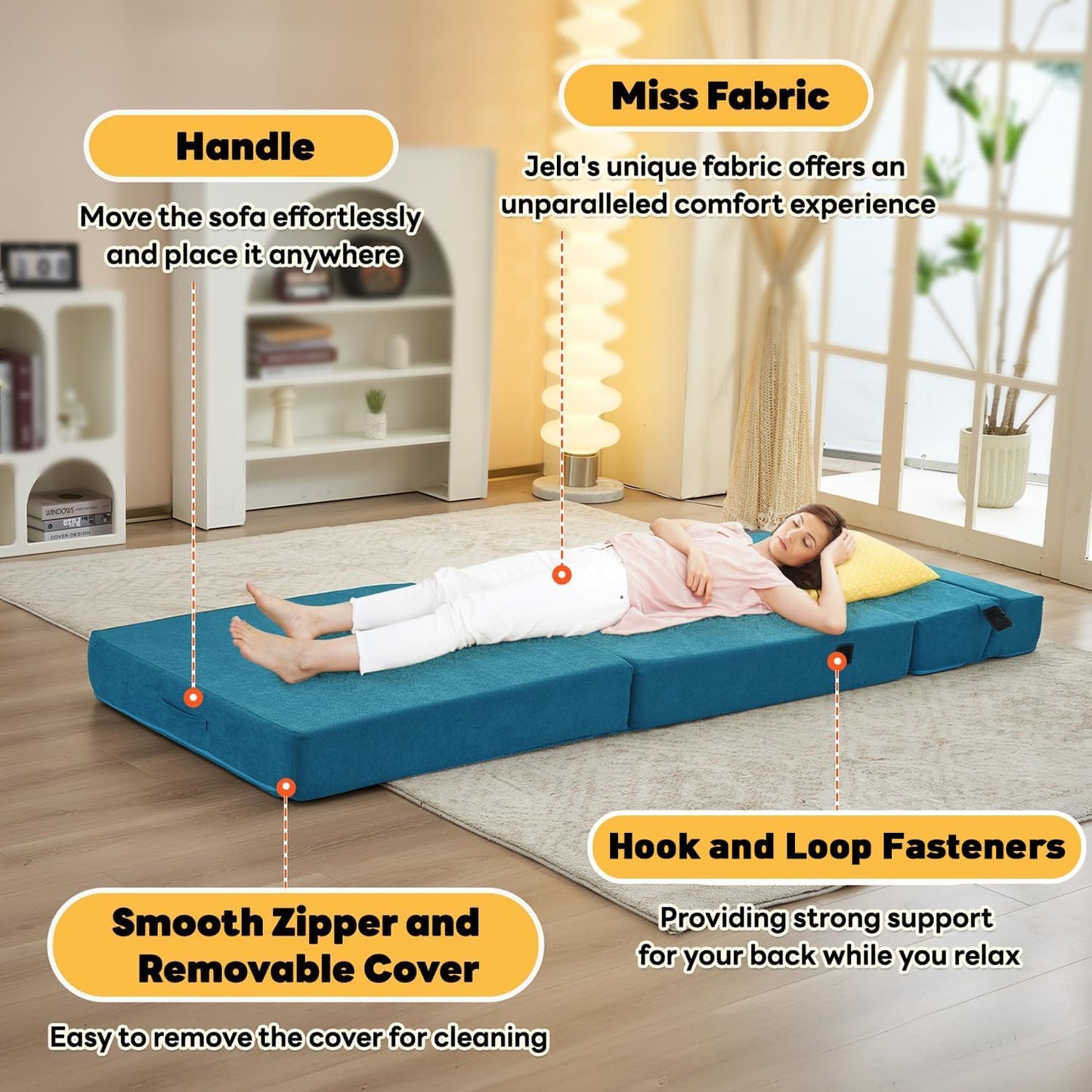 jela Foldable Sofa Bed, Convertible Sleeper Lounge Chair Floor Mattress Floor Couch with Backrest
