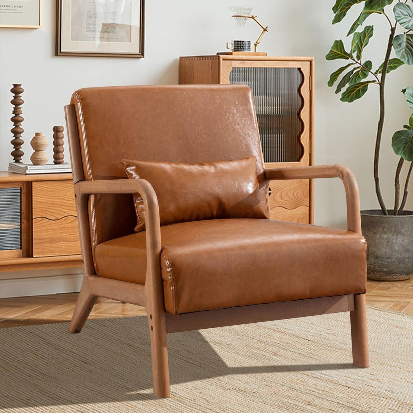 INZOY Mid Century Modern Accent Chair with Wood Frame, PU Leather Reading Armchair with Waist