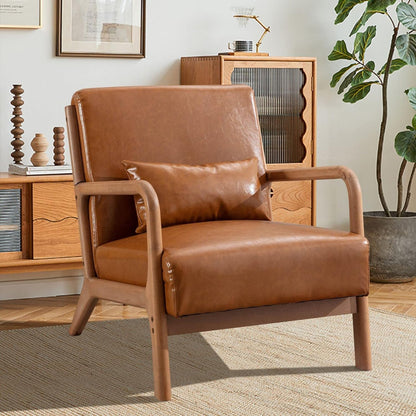 INZOY Mid Century Modern Accent Chair with Wood Frame, PU Leather Reading Armchair with Waist