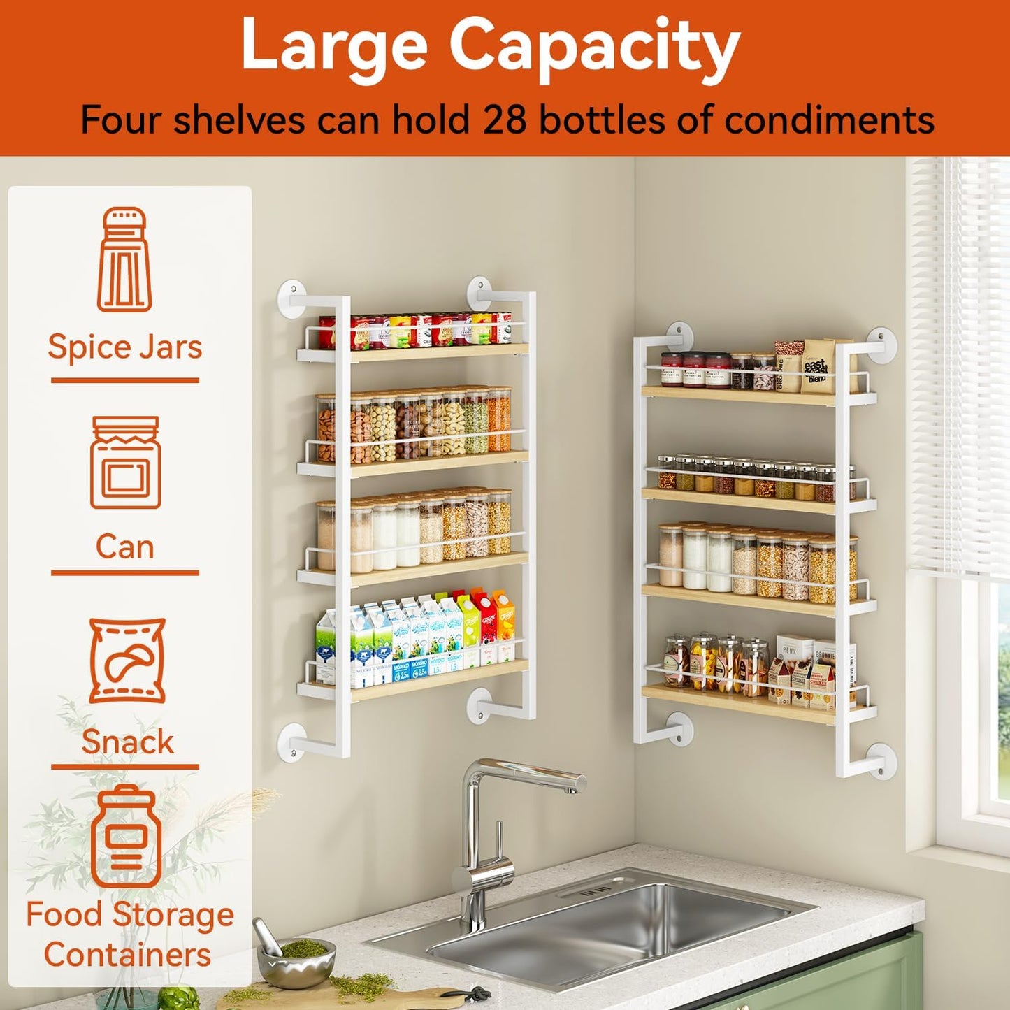 IBUYKE Spice Rack Wall Mount,4 Tier Hanging Seasoning Organizer,Spice Rack for Wall for up to 50