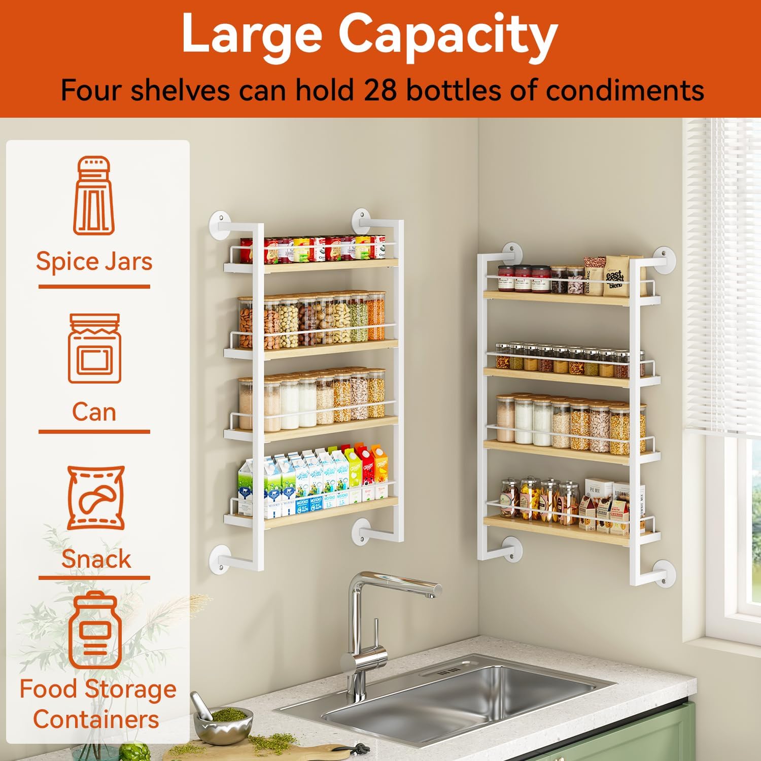 IBUYKE Spice Rack Wall Mount,4 Tier Hanging Seasoning Organizer,Spice Rack for Wall for up to 50