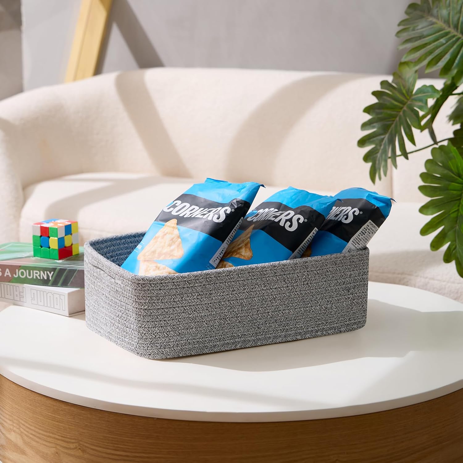 Large Shallow Organizing Baskets 15x11x5.1 Inches - Rope Woven Storage Bins for Bathroom, Shelves