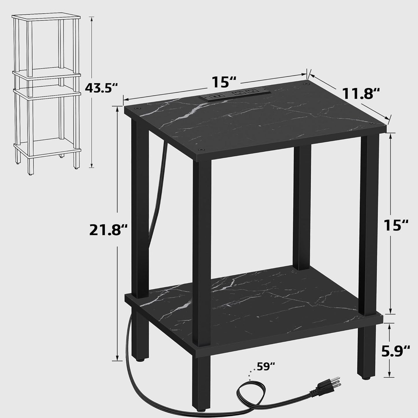 TUTOTAK End Table with Charging Station, Small Side Table, Nightstand Bedside Table, 2-Tier Storage