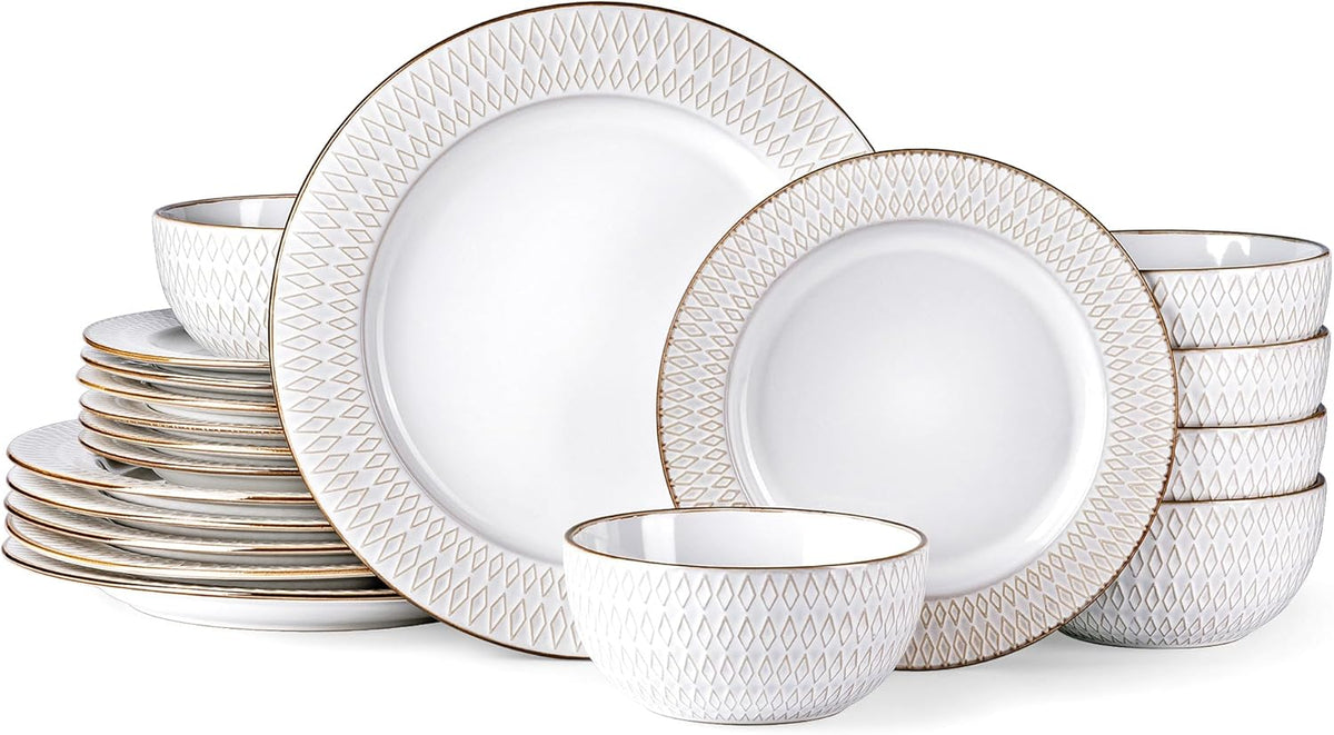 GBHOME Ceramic Dinnerware Sets,18 pcs Embossed Elegant Stoneware Plates and Bowls Sets