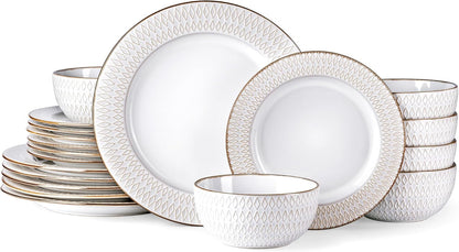 GBHOME Ceramic Dinnerware Sets,18 pcs Embossed Elegant Stoneware Plates and Bowls Sets