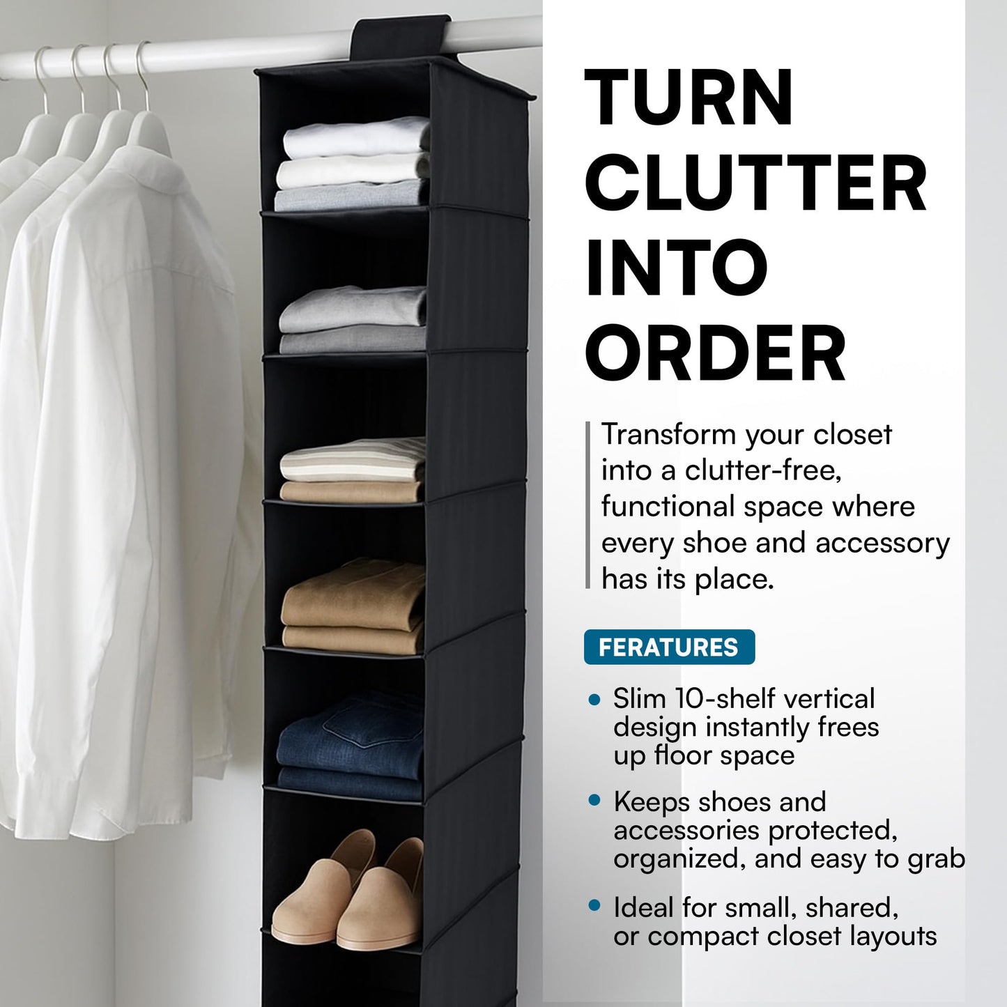 Honey-Can-Do 10-Shelf Hanging Shoe Organizer, Black - Closet Storage Rack for Shoes, Accessories &