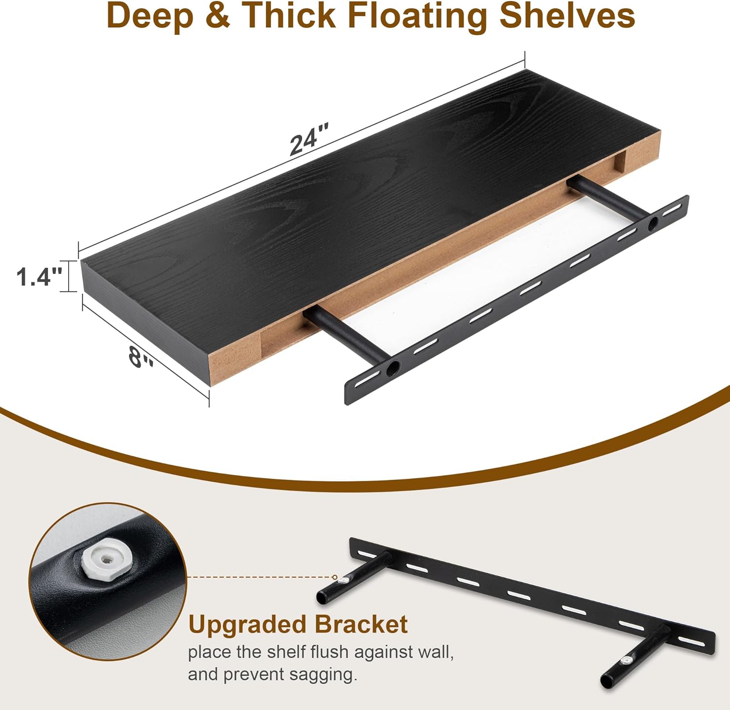 Fun Memories Rustic Black Floating Shelves 24 Inch Long, 8 Inch Deep Floating Shelf, 24 x 8 Wall