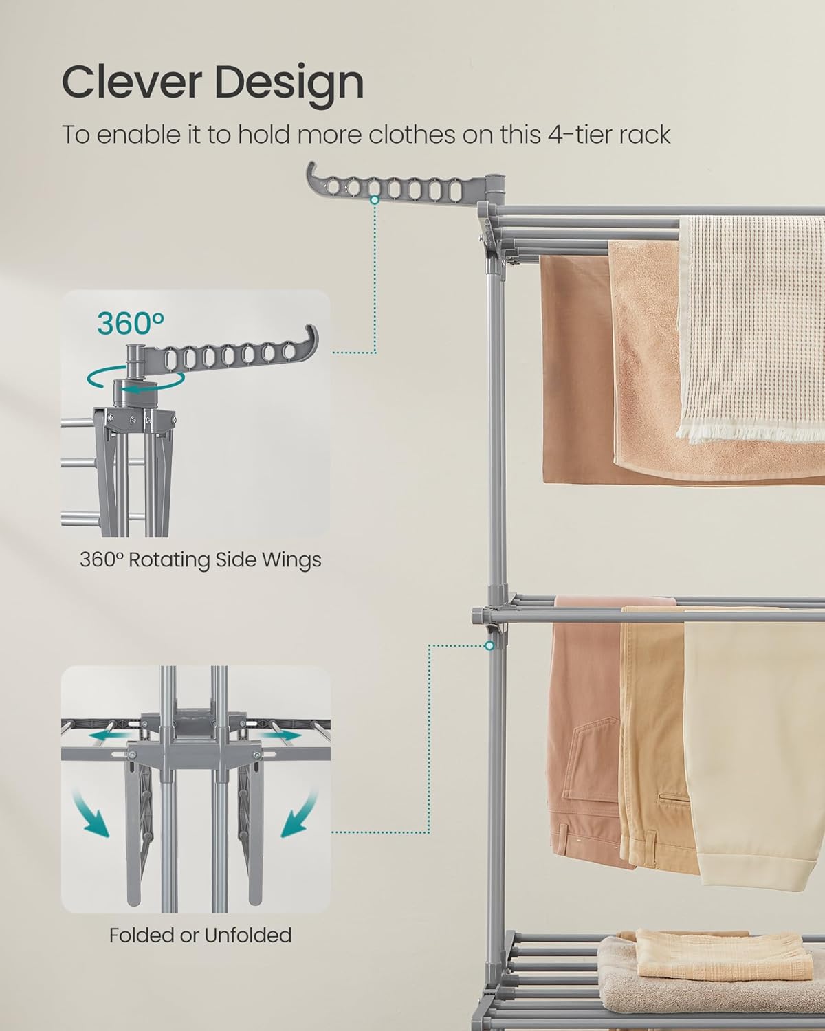SONGMICS Clothes Drying Rack 4-Tier, Foldable Laundry Drying Rack 69.9-Inch Tall, Extendable Rods