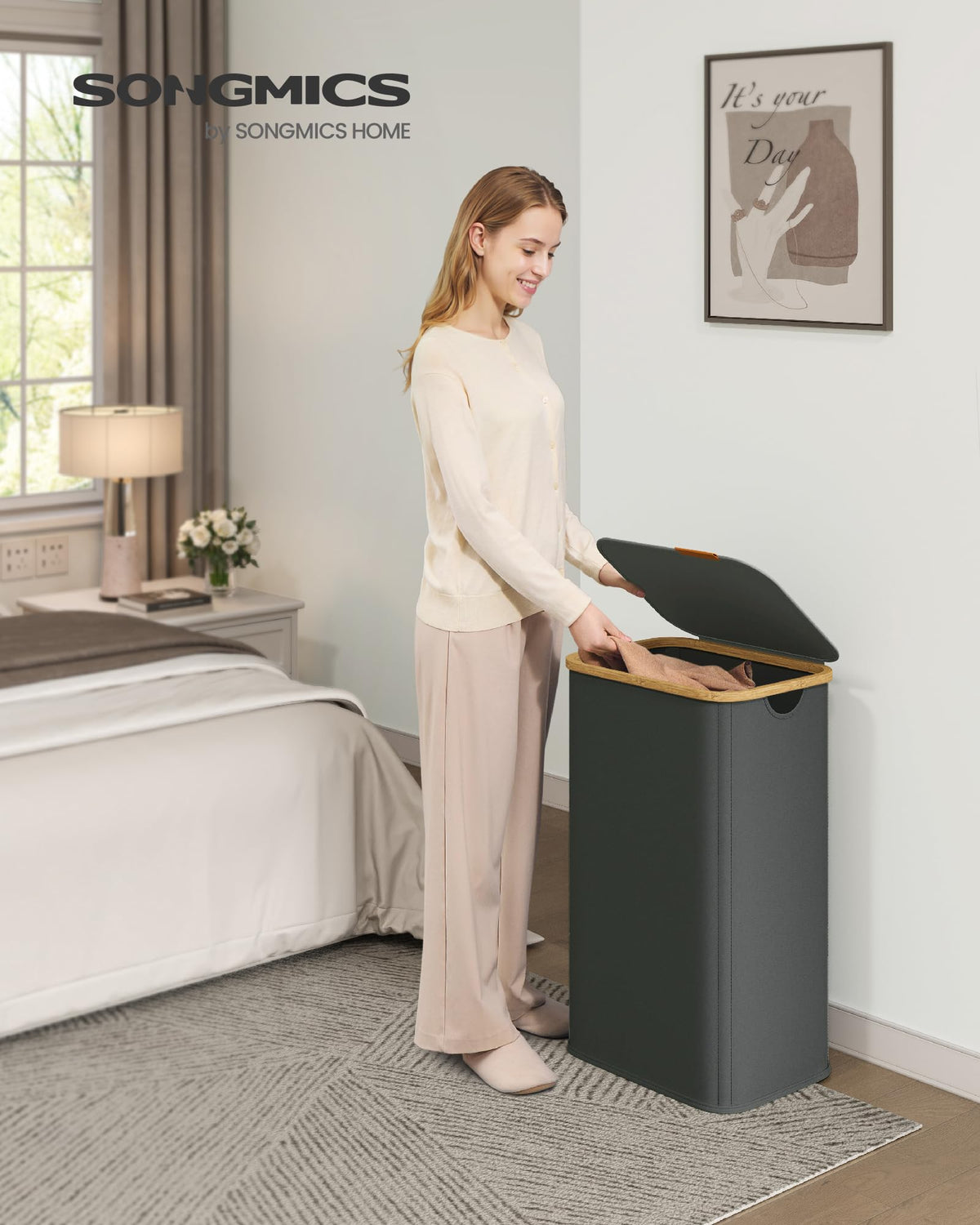 SONGMICS Laundry Hamper, Laundry Basket with Lid, Foldable Storage Basket, Bamboo Frame, for